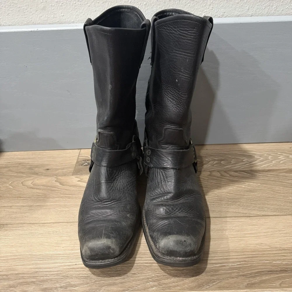 Vtg Black Leather Harness Boots Engineer Square Toe USA Western Sz 10.5 Mens